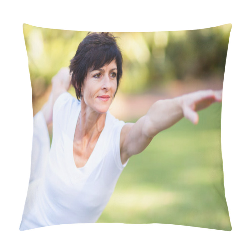 Personality  Healthy Middle Aged Woman Stretching Outdoors Pillow Covers