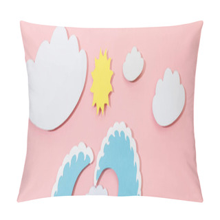 Personality  Top View Of Paper Cut Sea Waves, Clouds And Sun On Pink Background, Panoramic Shot Pillow Covers