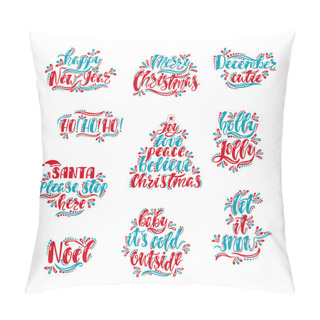 Personality  Merry Christmas And Happy New Year Typography Design. Hand Drawn Calligraphy Text.  Red And Blue Christmas Greeting Cards. Vector Illustration EPS10 Pillow Covers
