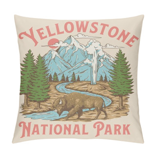 Personality  Vintage Yellowstone National Park Bison Mountain Geyser Scene Pillow Covers