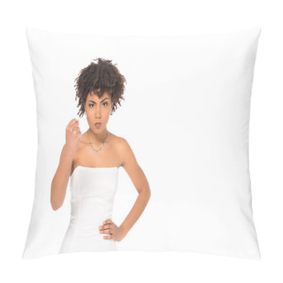 Personality  Angry African American Bride Showing Fist And Standing With Hand On Hip Isolated On White  Pillow Covers