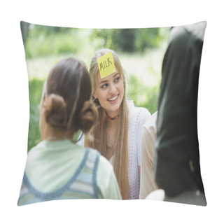 Personality  Smiling Teenager With Milk Lettering On Sticker Playing Who I Am With Multiethnic Friends  Pillow Covers