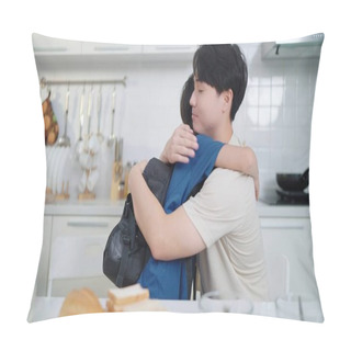 Personality  Asian Single Father And Son Hugging Each Other Before Going To School. Happy Family Concept. Single Father Concept Pillow Covers