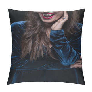 Personality  Cropped View Of Woman Showing Vampire Fangs Isolated On Black Pillow Covers