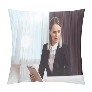 Personality  Businesswoman Taking Notes In Hotel Room Pillow Covers