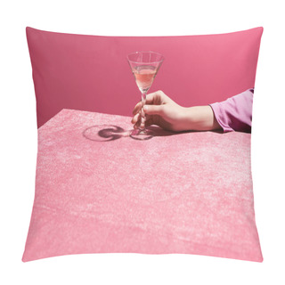 Personality  Cropped View Of Woman Holding Glass Of Rose Wine On Velour Cloth Isolated On Pink, Girlish Concept  Pillow Covers