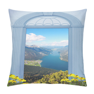 Personality  View Through Arched Door, Lake View In The Alps Pillow Covers