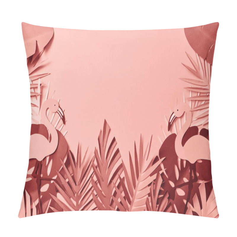 Personality  Top View Of Pink Exotic Paper Cut Palm Leaves And Flamingos On Pink Background With Copy Space Pillow Covers