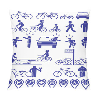 Personality  Vector Set Pictograms Bicycle Infrastructure Icons. Vector Bike Accessories Set.Various Cycling Poses In Silhouettes Pillow Covers