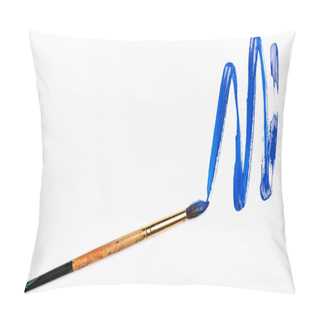 Personality  Top View Of Blue Paint Brushstroke And Paintbrush On White Background Pillow Covers