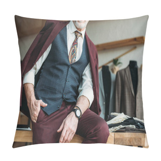 Personality  Cropped Shot Of Mature Man With Jacket On Shoulders Sitting On Table Pillow Covers