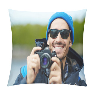 Personality  Portrait Of Happy Young Man Taking Pictures With Photo Camera Enjoying  Hiking Trip In Nature Pillow Covers