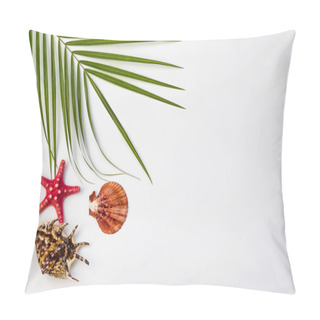 Personality  Tropical Background. Palm Branch With Starfish And Seashells On A White Background. Flat Apartment, Top View, Copy Space Pillow Covers