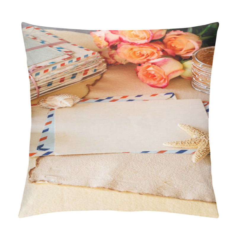 Personality  Vintage letters, paper cards and flowers on the table. Romantic correspondence concept, blank space. pillow covers