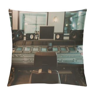Personality  View Of Sound Producing Equipment At Recording Studio With Armchair On Foreground Pillow Covers