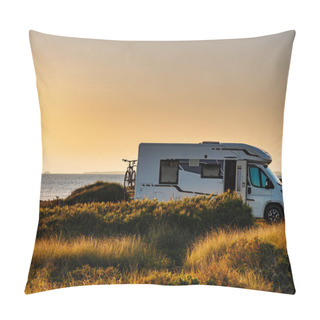 Personality  Camper, Recreational Vehicle With Bicycle Camping On Beach, Mediterranean Coast In Spain. Holidays And Travel In Motorhome. Pillow Covers
