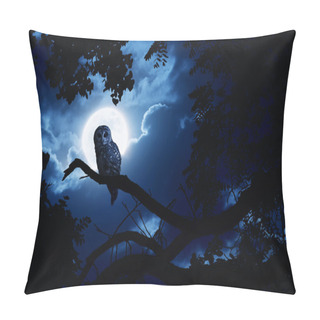Personality  Owl Watches Intently Illuminated By Full Moon On Halloween Night Pillow Covers