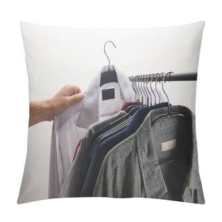 Personality  Cropped Image Of Man Taking White Shirt Isolated On White Pillow Covers