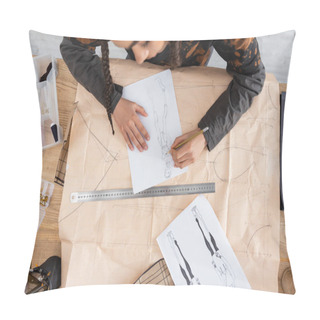 Personality  Top View Of African American Craftswoman Drawing Sketch On Sewing Print In Workshop  Pillow Covers