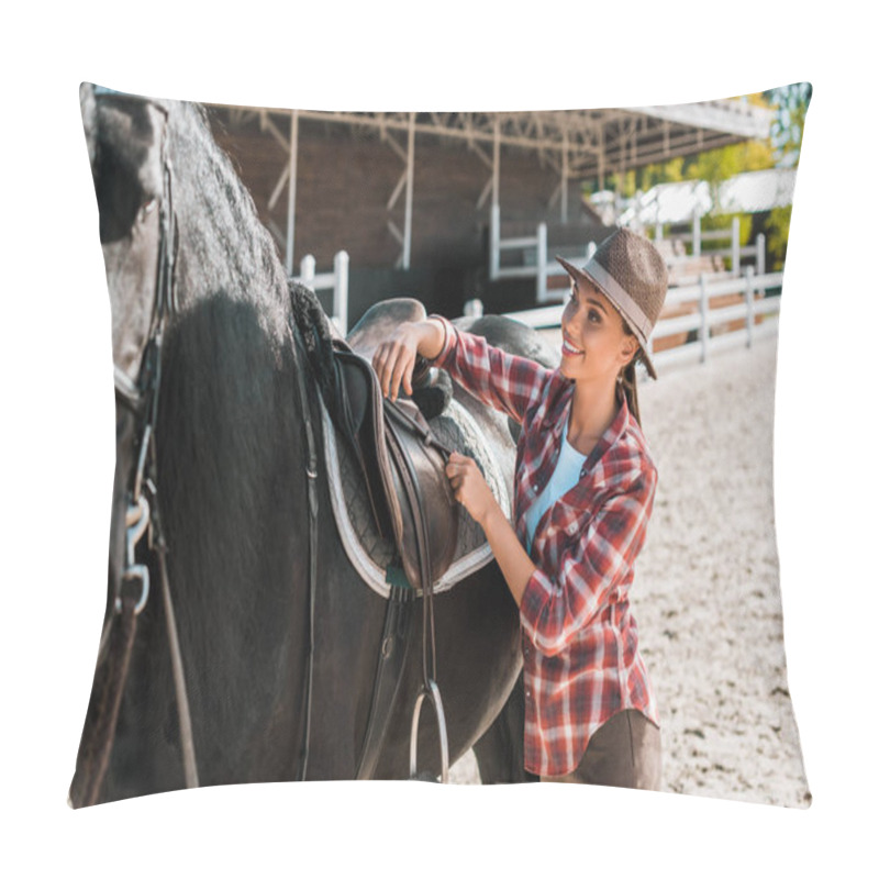Personality  Attractive Cowgirl In Checkered Shirt Fixing Horse Saddle At Ranch Pillow Covers