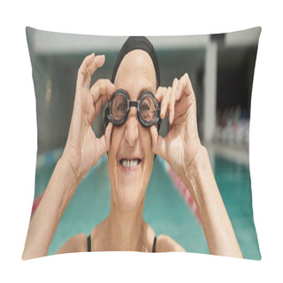 Personality  Happy Woman In Swim Cap Wearing Goggles, Positive, Swimming Pool, Recreation Center, Tattoo, Banner Pillow Covers