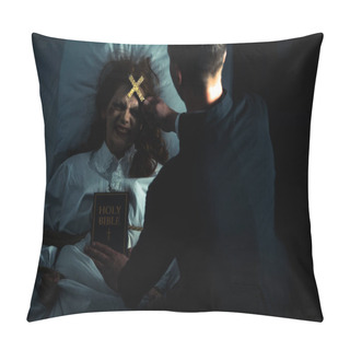 Personality  Exorcist With Bible And Cross Standing Over Demonic Obsessed Girl In Bed Pillow Covers