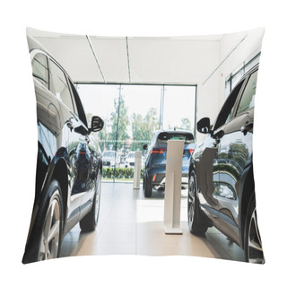 Personality  Selective Focus Of Black Luxury Cars In Car Showroom  Pillow Covers