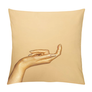 Personality  Cropped View Of Female Painted Hand Isolated On Gold With Copy Space Pillow Covers