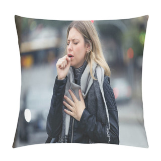 Personality  Shot Of Illness Young Woman Coughing In The Street. Pillow Covers