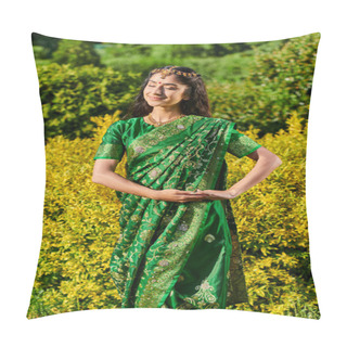 Personality  Stylish And Smiling Young Indian Woman In Sari Posing In Bushes In Park Outdoors Pillow Covers