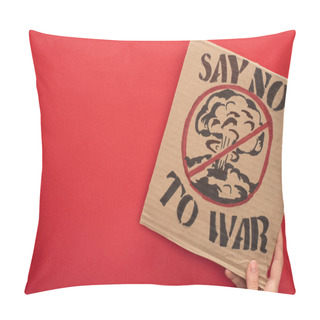 Personality  Partial View Of Woman Holding Cardboard Placard With Say No War To War Lettering And Explosion In Stop Sign On Red Background Pillow Covers