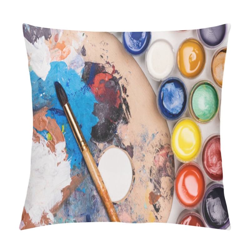 Personality  Top View Of Palette With Gouache Paints And Paintbrush Pillow Covers