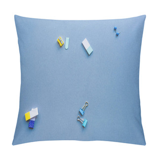 Personality  Top View Of Pencil Sharpener, Binder Clips And Erasers On Blue Background Pillow Covers