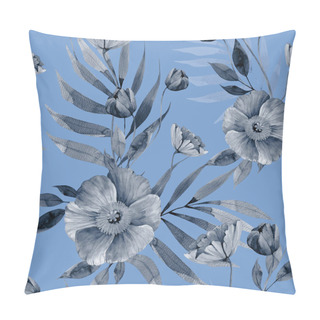 Personality  Seamless Pattern With Delicate Watercolor Monochrome Flowers And Palm Leaves, Hand Painted On A Blue Background. Pillow Covers