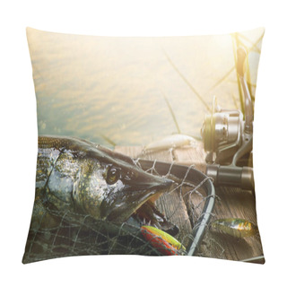 Personality  Summer Fishing Background. Fishing Lure And Trophy Pike Pillow Covers