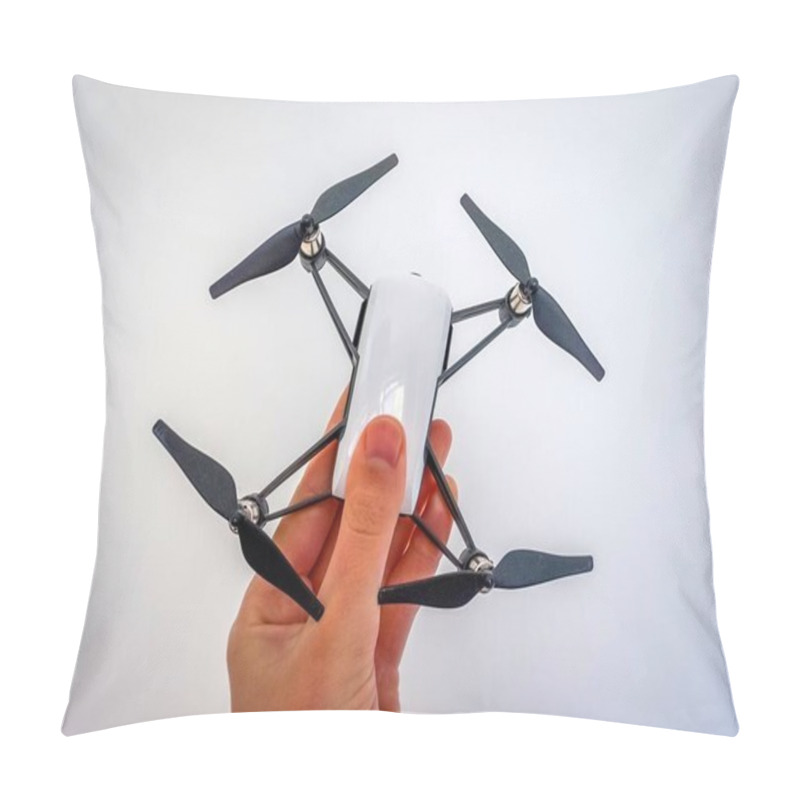 Personality  Hand Holding A Little White And Black Toy Drone. Maybe It's A Professional Drone For Aerial Photography On White Background Pillow Covers