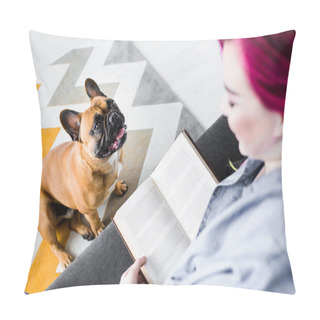 Personality  Selective Focus Of Girl With Colorful Hair Reading Book And French Bulldog Sitting And Looking At Girl Pillow Covers