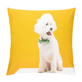 Personality  Bichon Havanese Dog In Bow Tie On White Surface Isolated On Yellow Pillow Covers