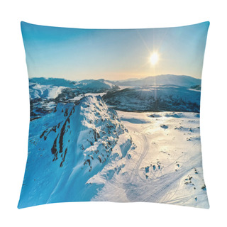 Personality  AERIAL: Sunset Golden Light Over Norwegian Snowy Winter Mountains With Birche And Pine Trees, Early Spring, Calm Blue Skies. Atoklinten Mountain Area, Joesjo, Lappland Municipality, Northern Sweden Pillow Covers
