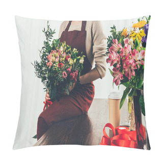 Personality  Cropped Image Of Florist Sitting On Table And Holding Bouquet In Hands Pillow Covers