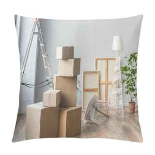 Personality  Cardboard Boxes, Frames, Ladder, Lamp And Plant In Empty Room, Moving Concept Pillow Covers