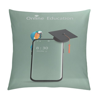 Personality  Online Education With A Concept Of Learning Offers Mobile Phone, Macaw Cartoon Character And Degree Hat On Gradient Navy Green Background. Illustration 3D Rendering. Pillow Covers