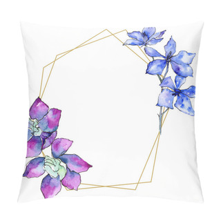 Personality  Purple Orchid Flowers. Watercolor Background Illustration. Golden  Polygonal Frame With Flowers. Geometric Polyhedron Crystal Shape. Pillow Covers