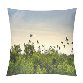 Personality  Flock Of Storks Flying Above Forest At Daytime Pillow Covers