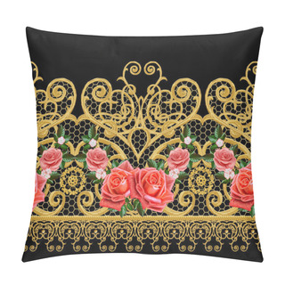 Personality  Seamless Pattern. Golden Textured Curls. Oriental Style Arabesques. Brilliant Lace, Stylized Flowers. Openwork Weaving Delicate, Golden Background, Composition, Garland Of Orange Roses. Pillow Covers