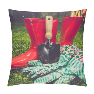 Personality  Toned Filter Of Garden Tools And Red Boots On Meadow Pillow Covers