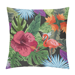 Personality  Summer Tropical Background. Flamingo Bird With Palm And Banana Leaves, Monstera And Datura Flowers Pillow Covers