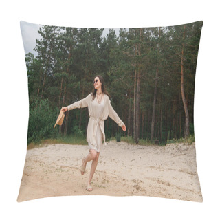 Personality  Full Length Of Positive Young Woman In Sunglasses Holding Straw Hat And Walking Near Forest  Pillow Covers