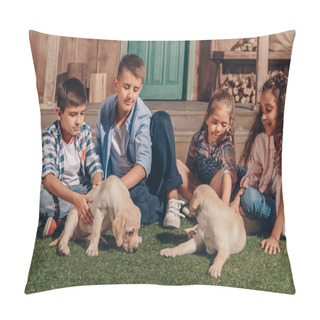 Personality  Multiethnic Kids With Cute Puppies Pillow Covers