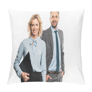 Personality  Professional Business Colleagues In Formal Wear Standing Together And Smiling At Camera Isolated On White   Pillow Covers
